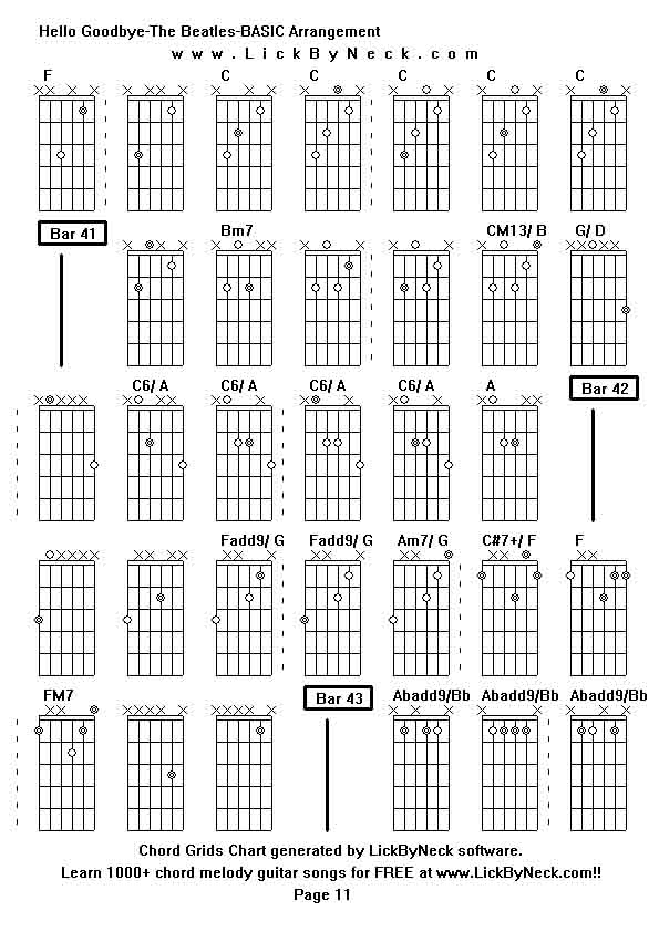 Chord Grids Chart of chord melody fingerstyle guitar song-Hello Goodbye-The Beatles-BASIC Arrangement,generated by LickByNeck software.